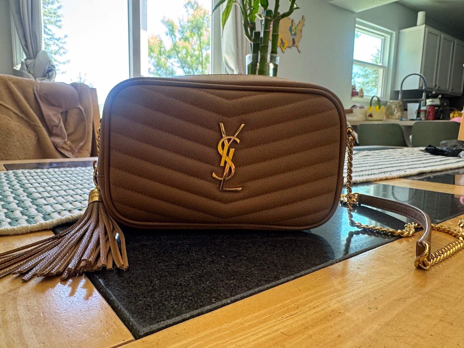 Saint Laurent Lou Small Brown Chevron Quilted Chain Crossbody Tassel Zip