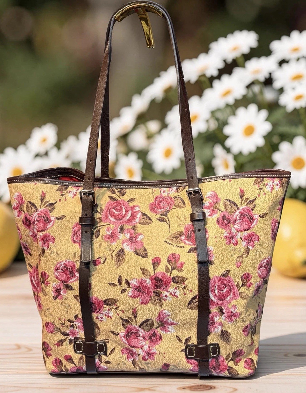 Dooney Bourke Pink Yellow Beige Cabbage Rose Floral Large Shopper Tote Bag