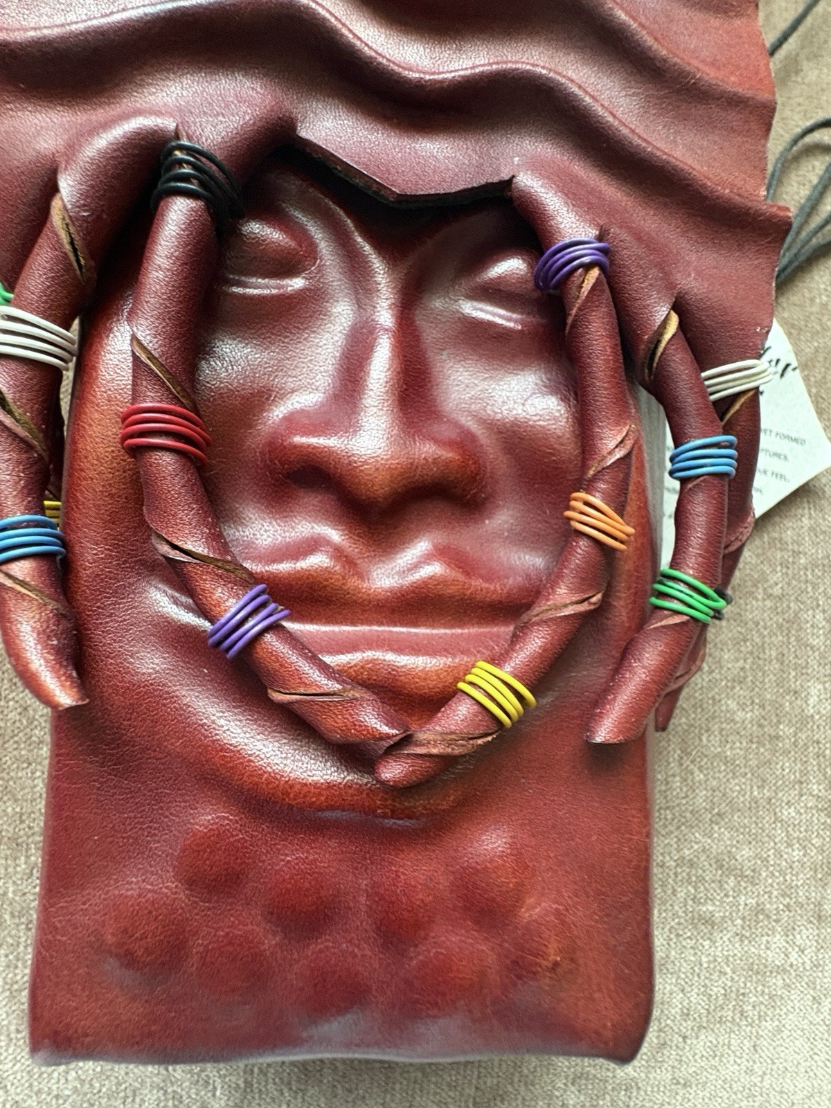 Signed Deborah Einbender Pursona Leather Face Drawstring Purse Wearable Art