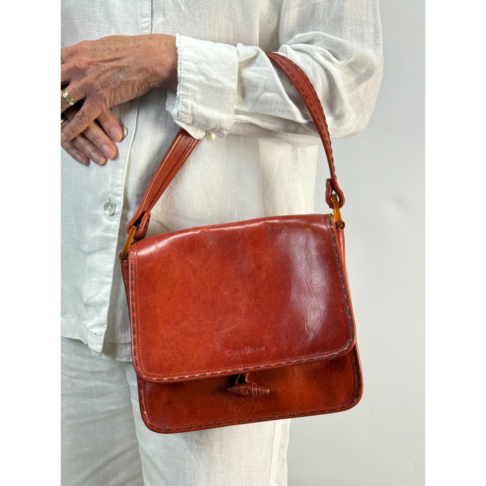 Cole Haan Vintage Cognac Leather flap Shoulder Bag Whipstitch Toggle Accents