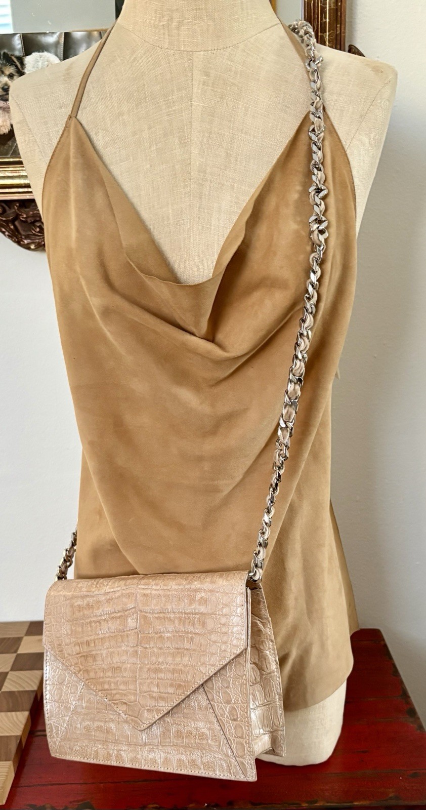 Judith Leiber COUTURE Caiman Croc Chain Handbag Beige Metallic Bag Purse