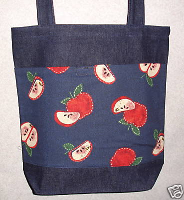 NEW Large Denim Handmade Country Apple Patch Tote Bag