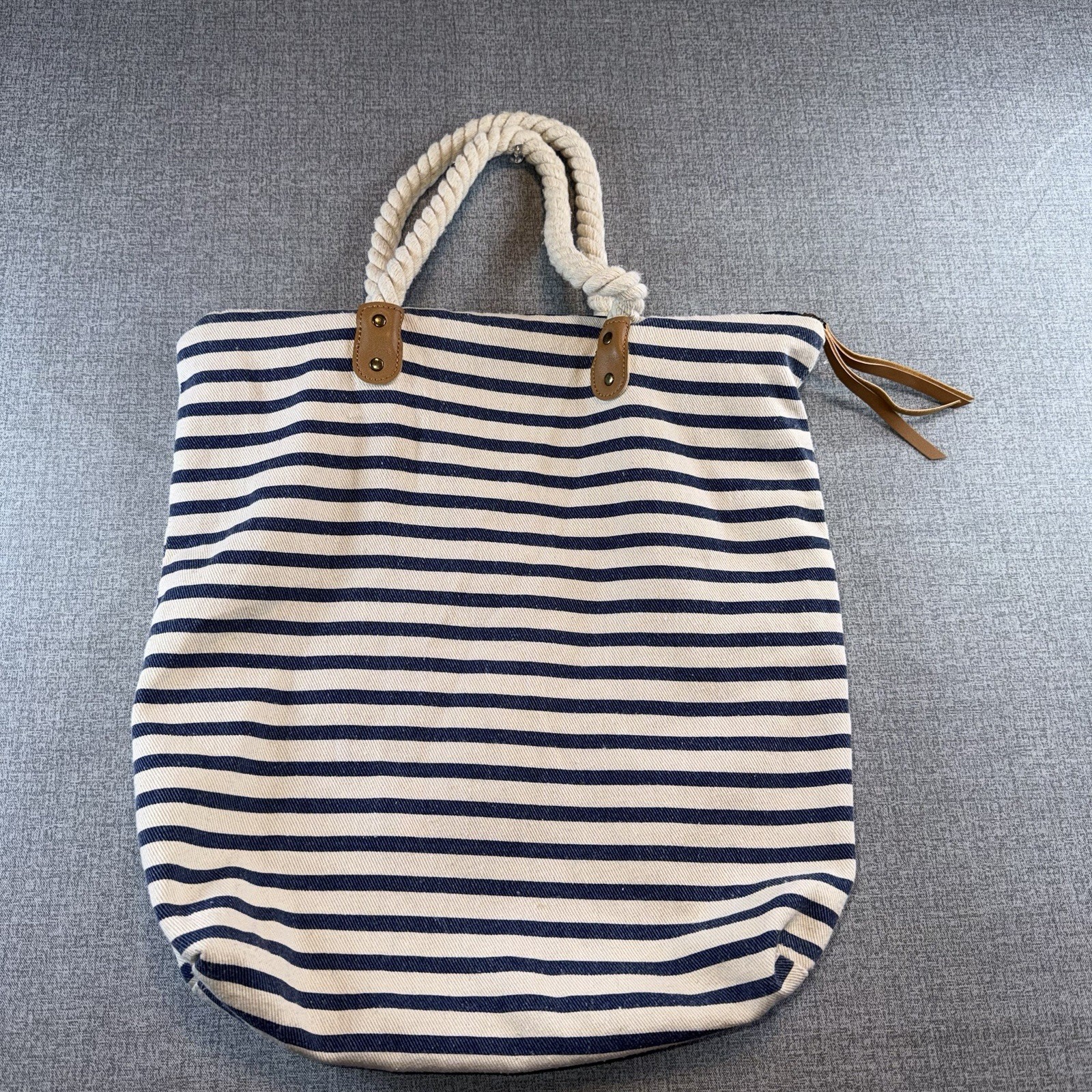 Summer & Rose Navy Striped Canvas Tote Bag Rope Handle Nautical Beach Bag