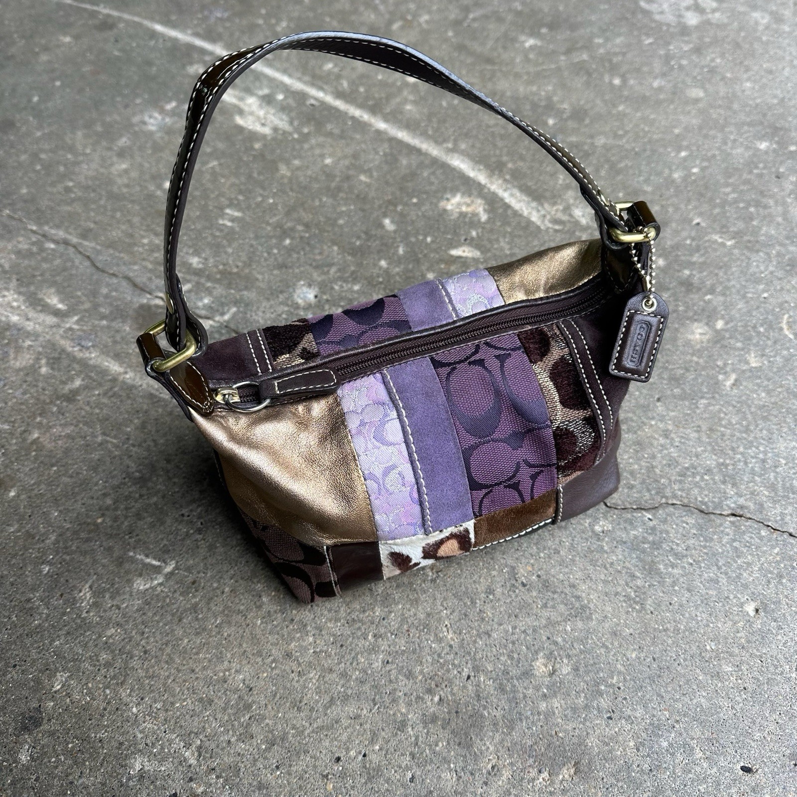 Coach Patchwork Small Hobo Shoulder Bag Brown Purple Leather Suede Y2K G2U