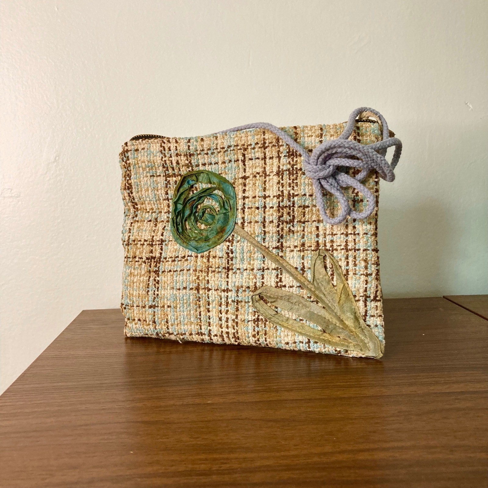 Artisan Mixed Media Tweed Crossbody Bag Ribbon Flower Geometric Embroidery Blue