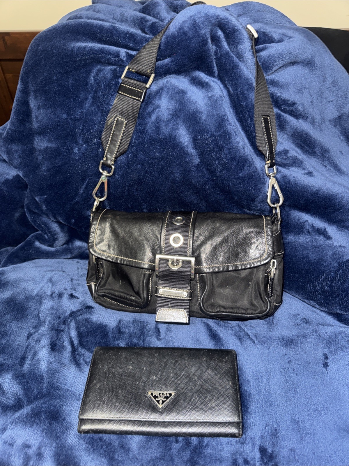 Vintage Prada Shoulder Bag Black Tessuto Nylon Saffiano Leather Buckle W Wallet