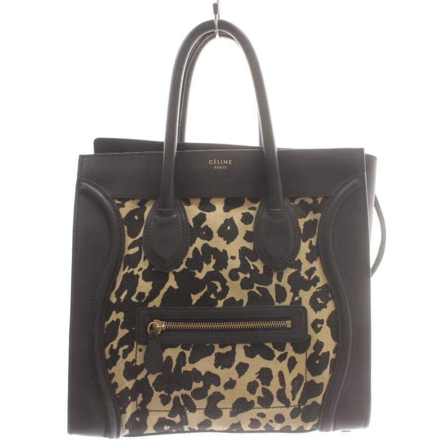 Celine Luggage Mini Shopper Tote Bag Canvas Leather Black Beige