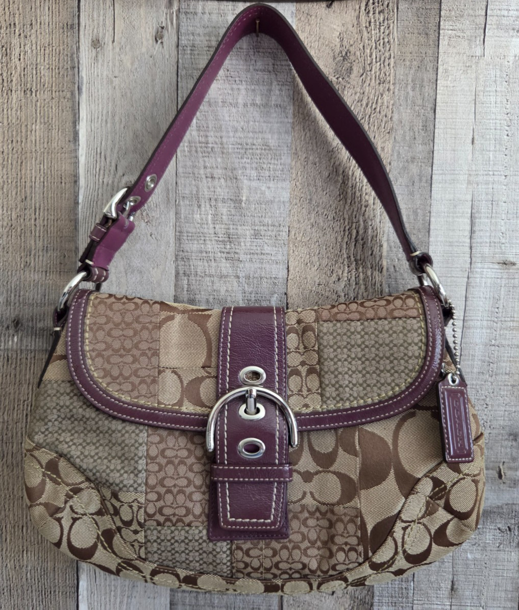 Coach Beige Soho Patchwork Signature C Canvas Purple Accents Y2K Bag F12316
