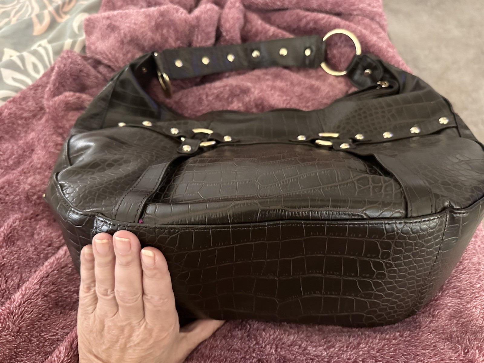 New 90s Brown Boho Croc Embossed Hobo Shoulder Bag Satchel Gold Hardware