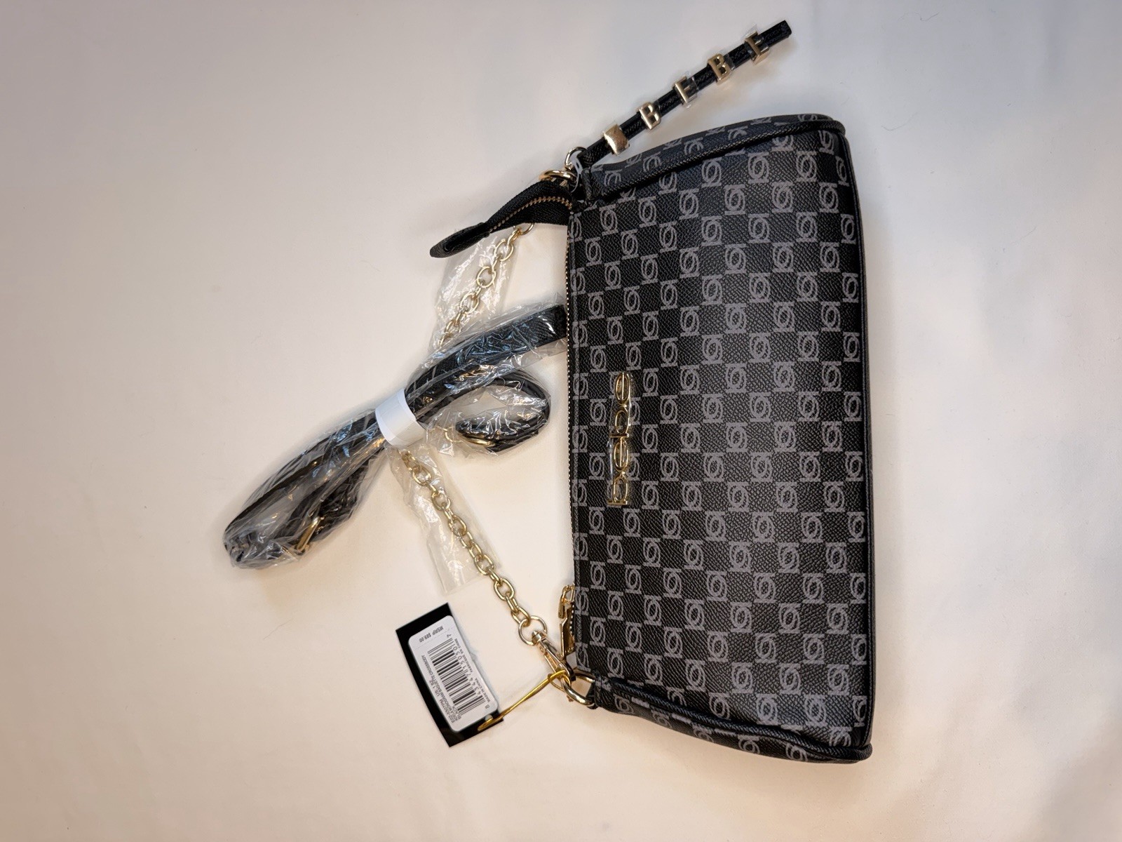 bebe Black/Gray Logo Zip Wristlet Wallet Pouch w/ Detachable Strap Gold