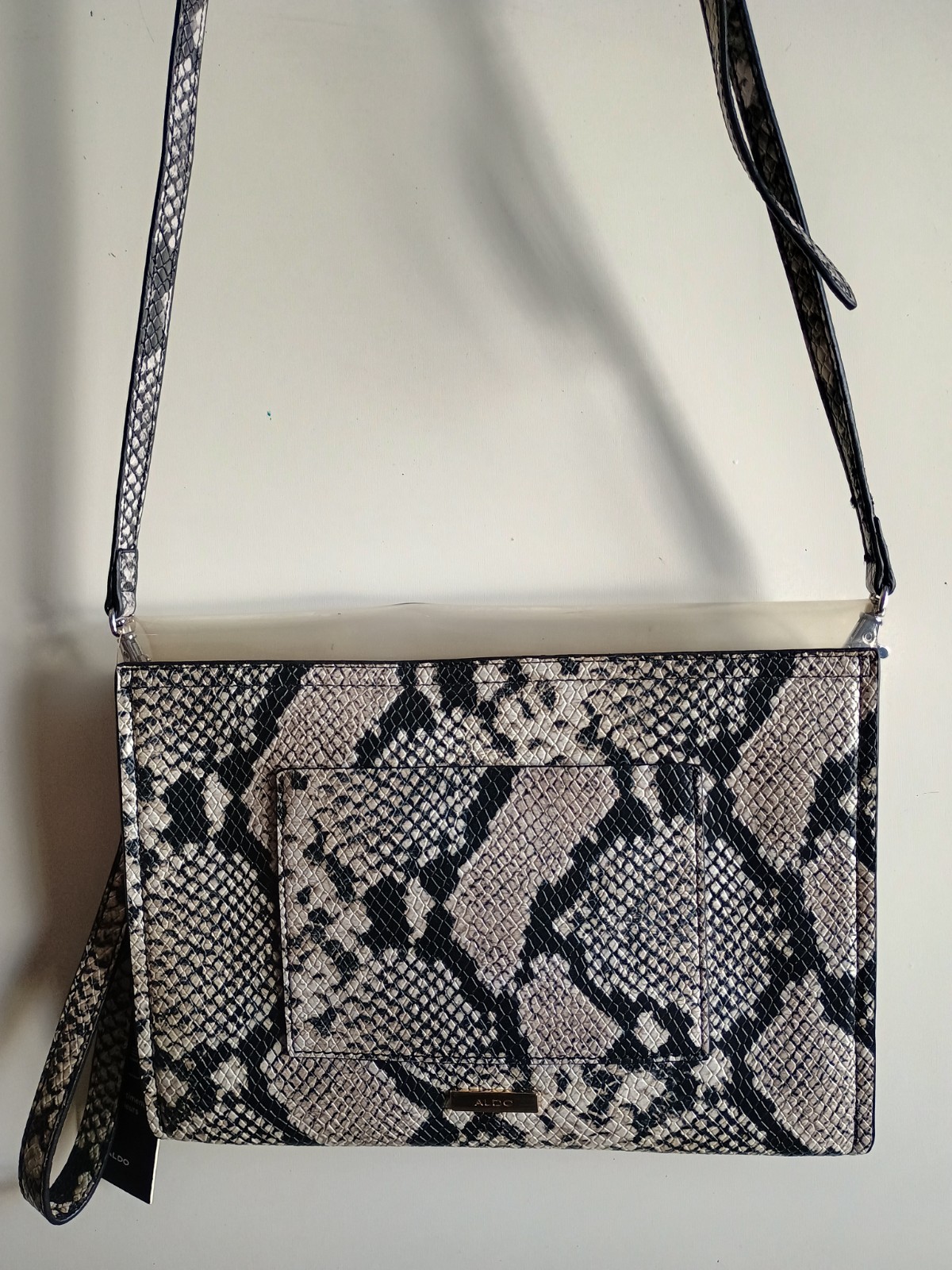 Aldo Cross Body Bag Chic Metal Clear Front Flap Snakeskin Print Black and White
