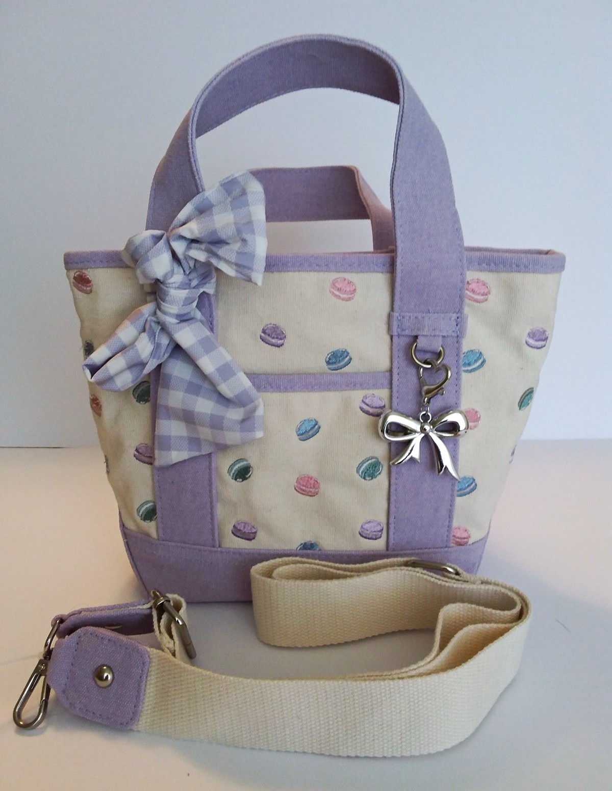 Madden Girl Macaron Print Small Tote Zip, Detachable Crossbody Strap Bow Charm