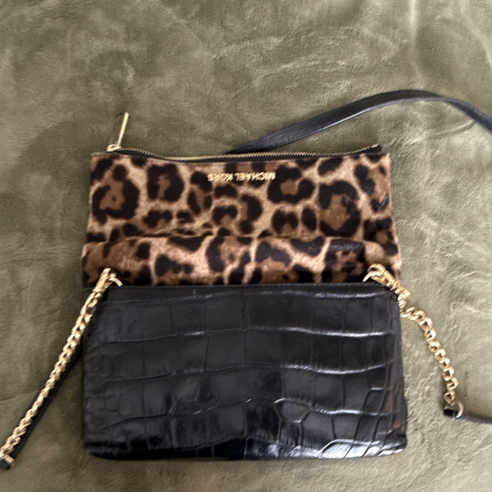 Michael Kors Leopard Print Croc-Embossed Small Crossbody, Chain Strap Zip