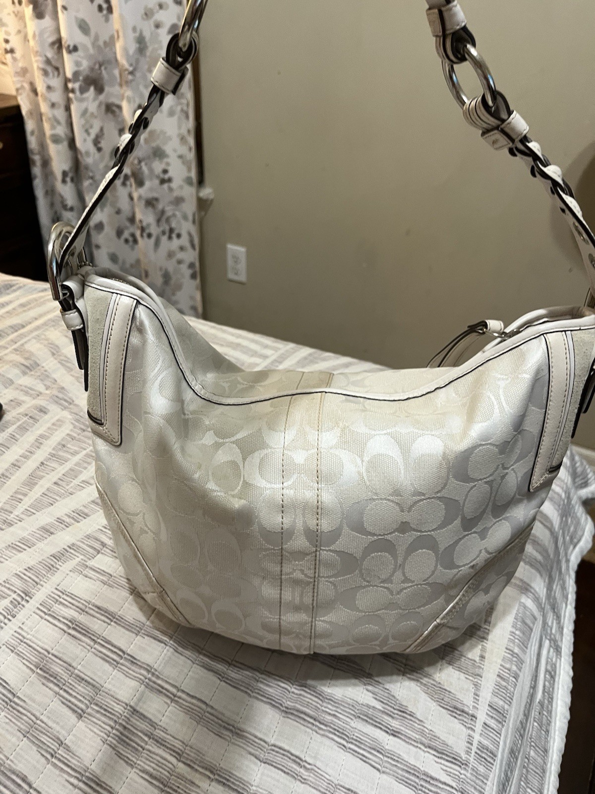 Coach Signature Monogram Shoulder Bag White/Silver Zip Closure Inner Pockets