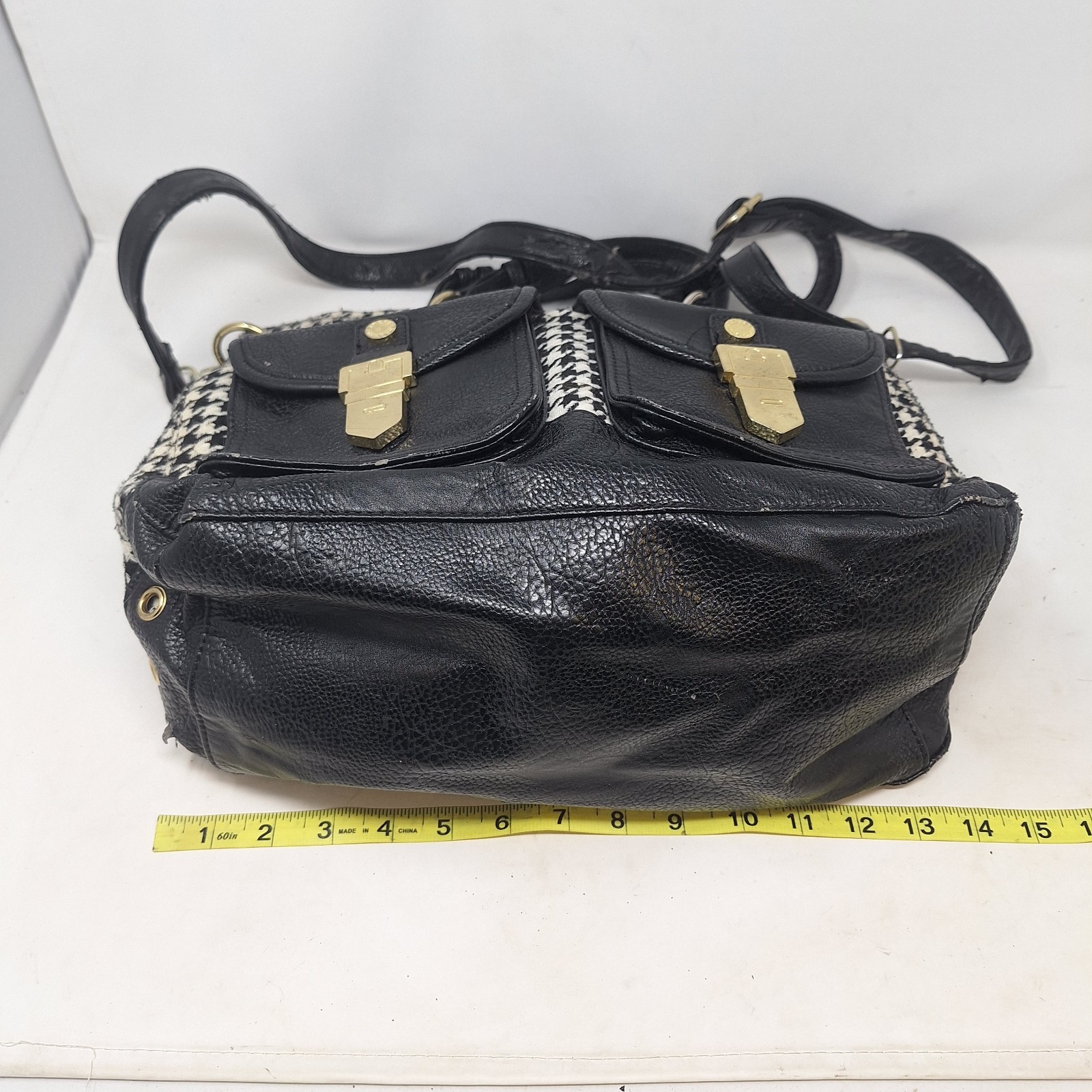 Steve Madden Black White Houndstooth Fabric Faux Leather Tote Bag Academia