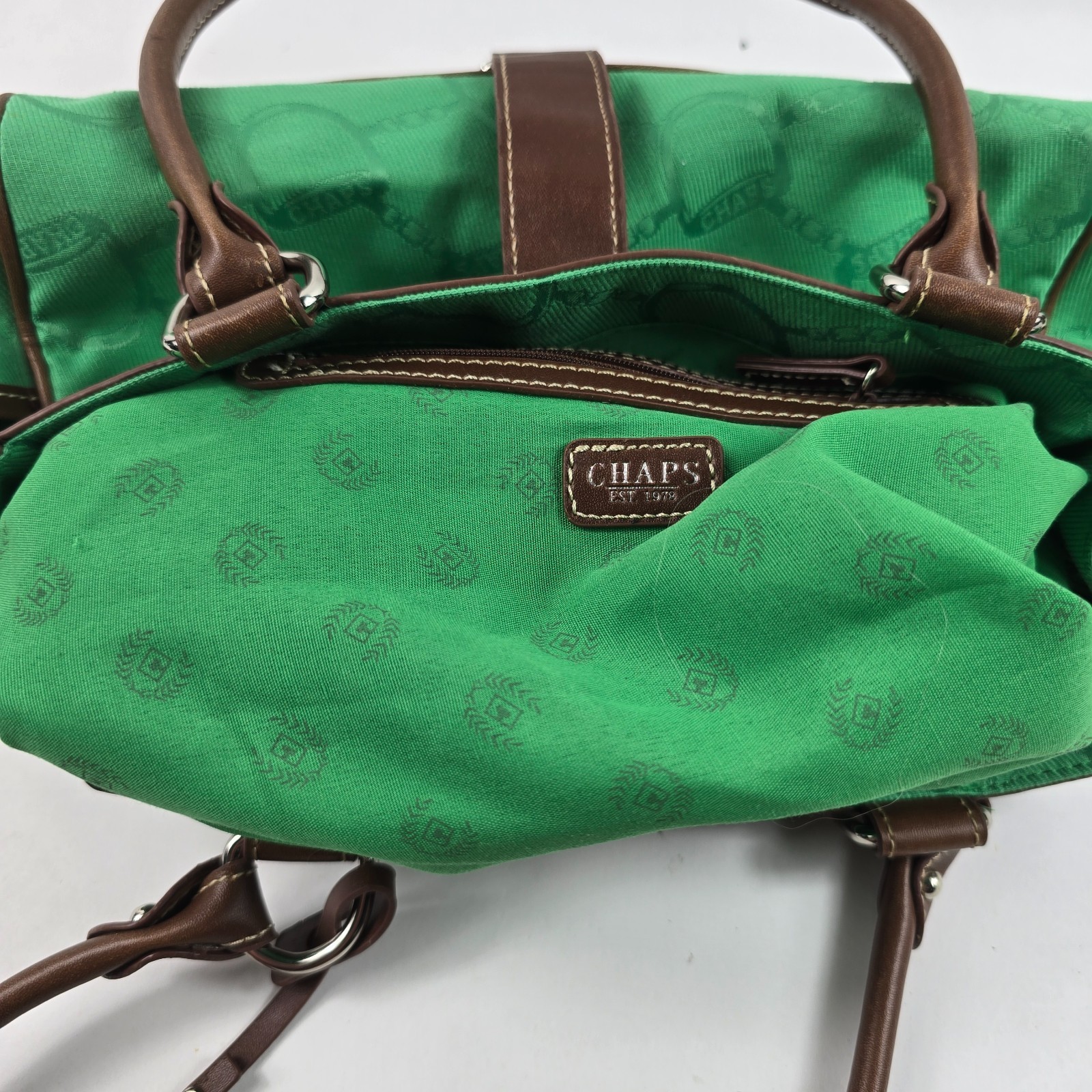 Chaps Vintage Canvas, Faux Leather Trim Kelly Green Monogram Shoulder Bag Purse