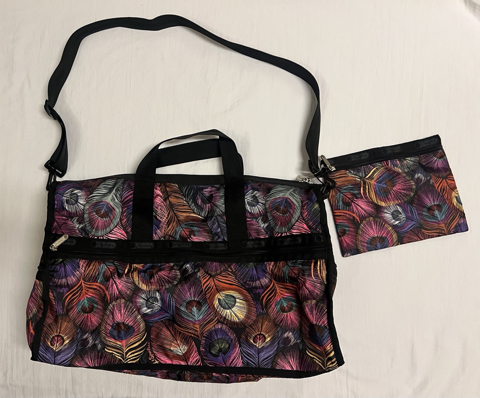 Lesportsac Large Boston Peacock Deluxe Weekender w/ Matching Pouch