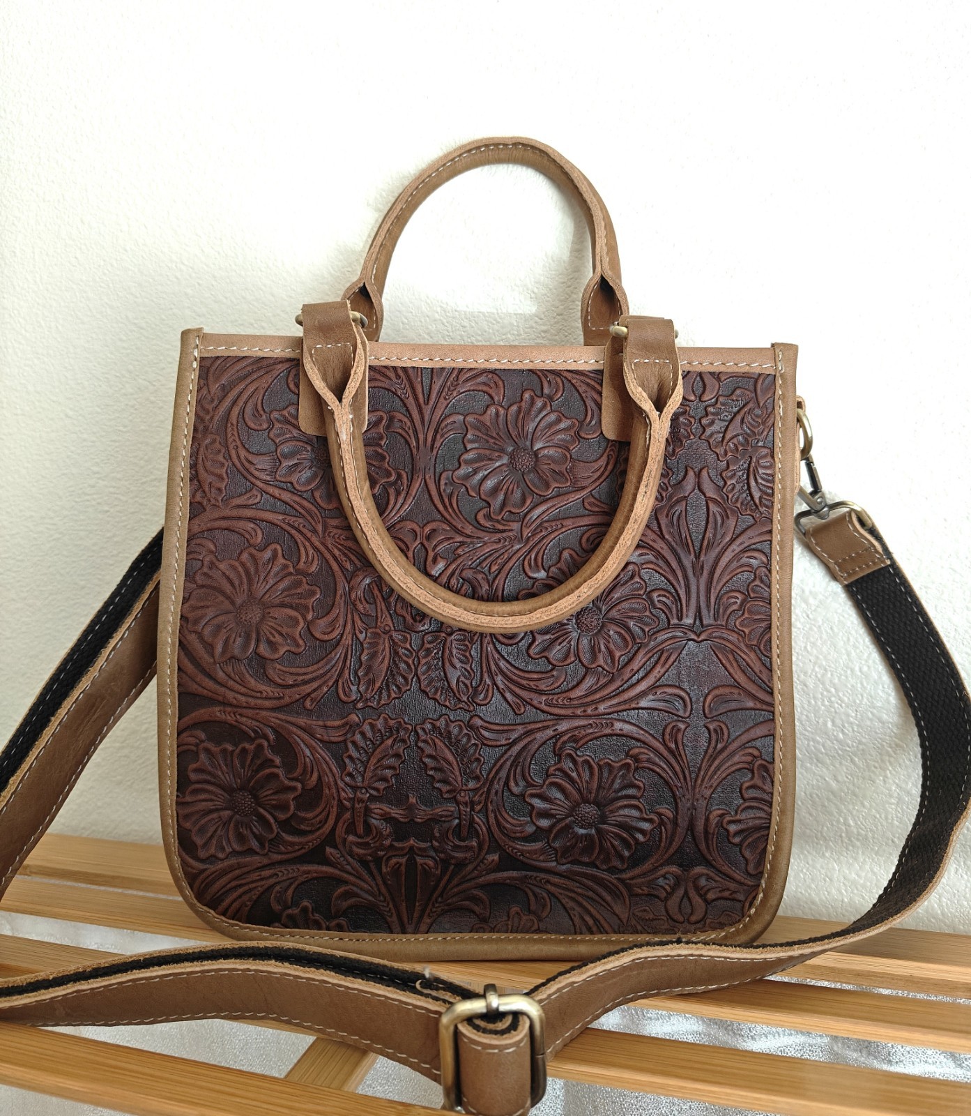 Genuine Crazy Horse Leather Floral Embossed Tote Shoulder Crossbody Satchel Bag