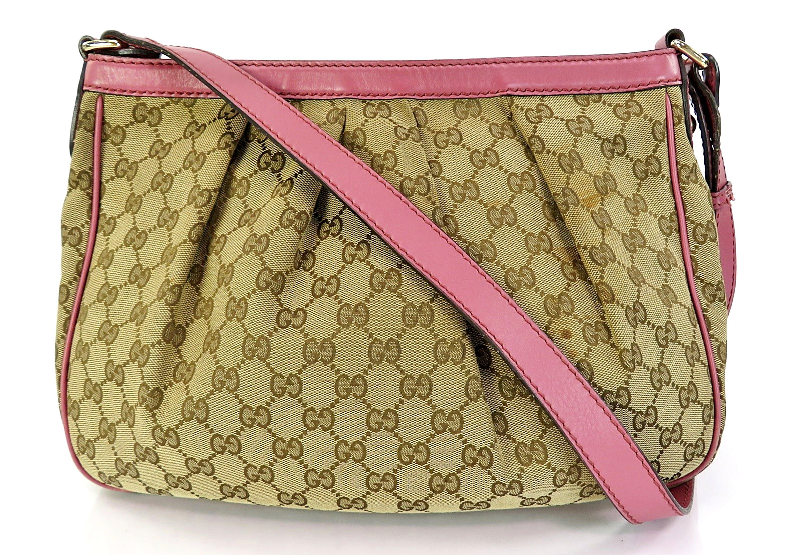 Auth GUCCI Sukey Brown GG Canvas and Pink Leather Shoulder Bag Purse #62121