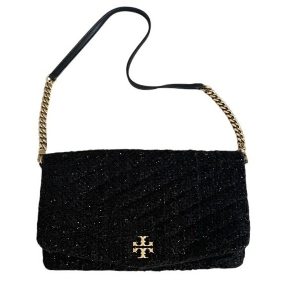 Tory Burch Black Tweed Metallic Crossbody Bag Gold Chain Logo Shoulder Bag
