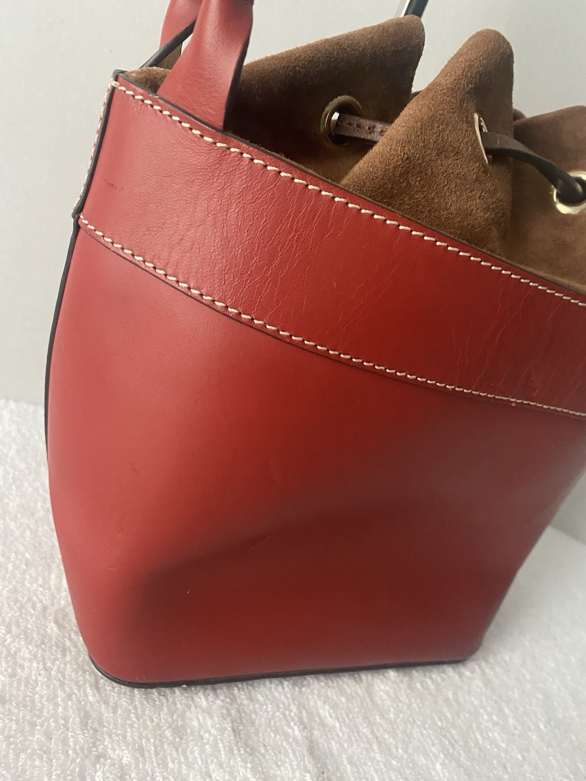 Dooney Bourke Suede Leather Shoulder Bucket Bag Drawstring Red