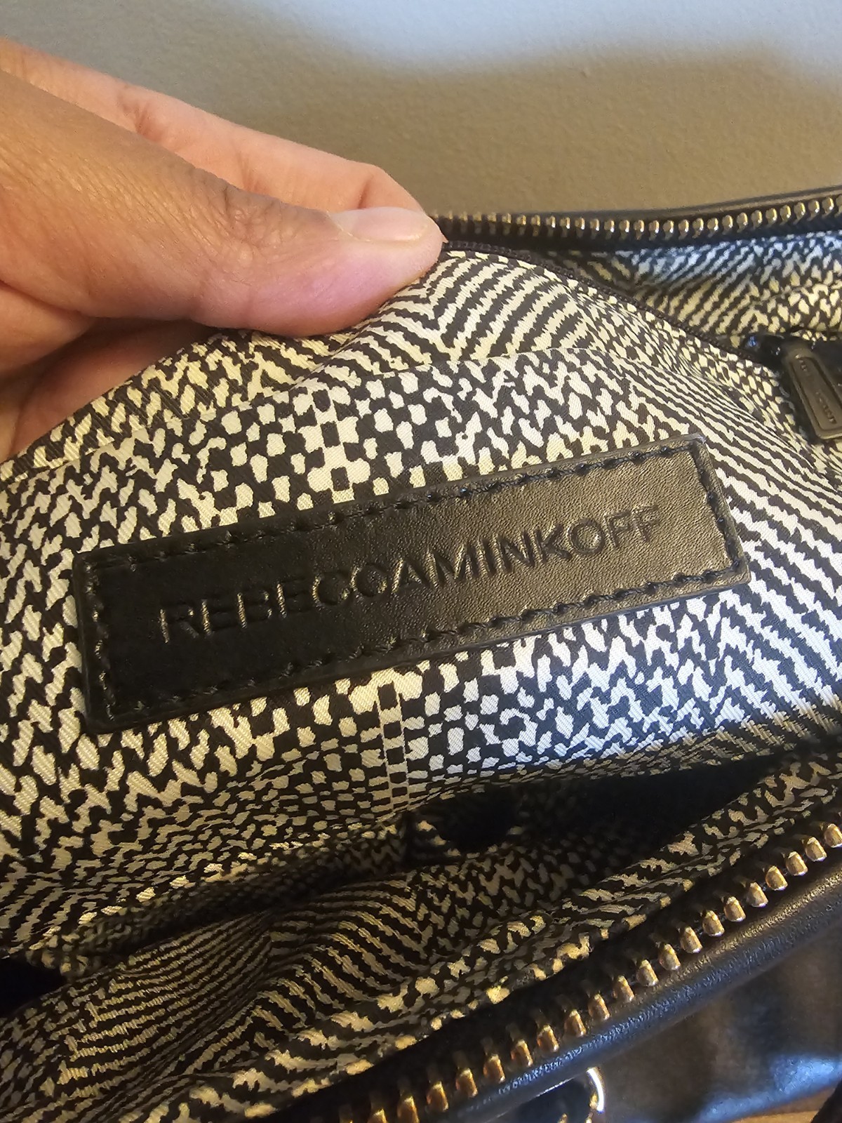 Rebecca Minkoff Black Large Satchel Zip Top Detachable Strap Gold Herringbone