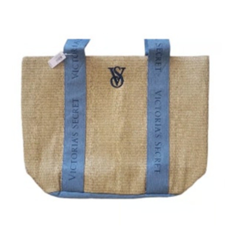 NWT Victoria’s Secret Straw Beach Tote Bag Blue Logo Straps Large Summer Tote