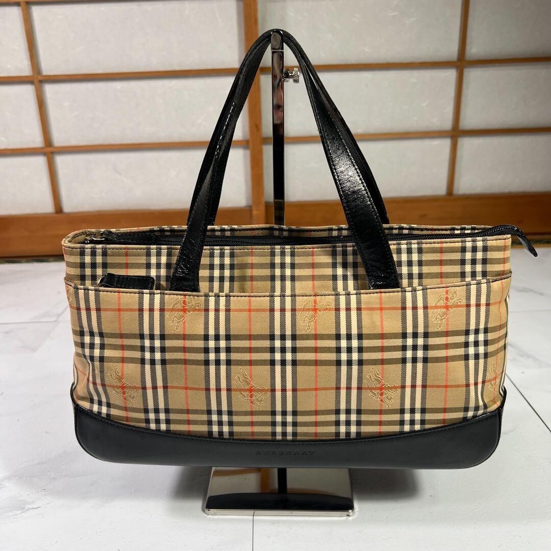 Burberry Nova Check Canvas Leather Tote Bag Beige Self Standing Auth