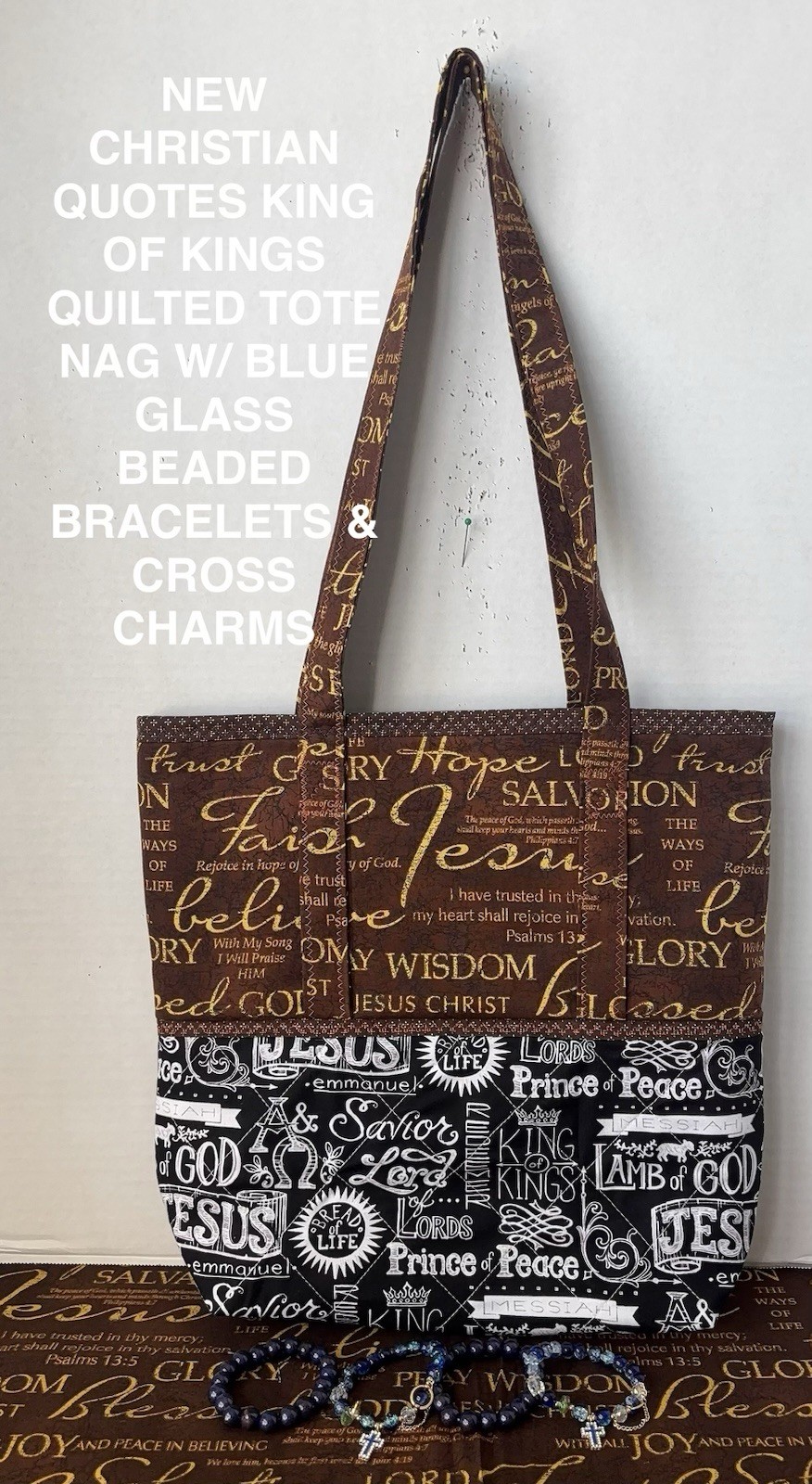 NEW CHRISTIAN FAITH QUOTES QUILTED TOTE BAG W/BLUE GLASS BRACELETS & CROSS