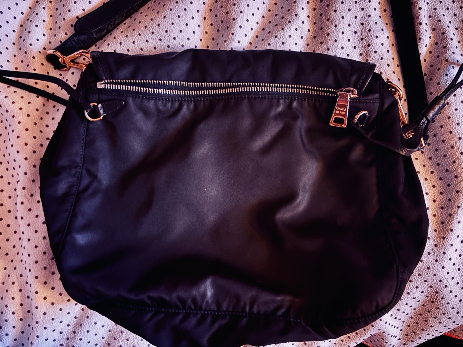 PRADA Black Crossbody Bag Gold Hardware Buckle Accent Zip Pockets