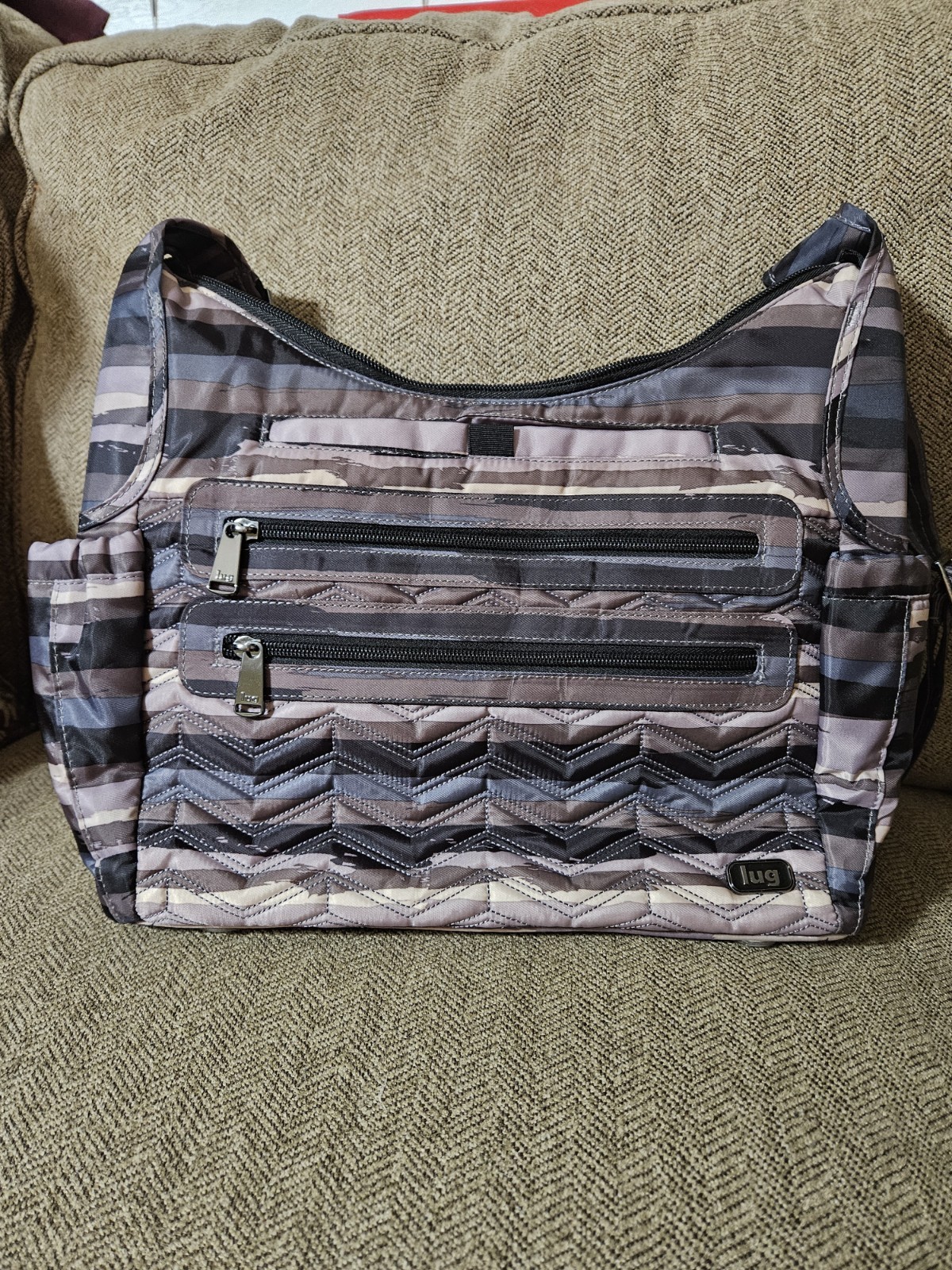 Lug Camper Crossbody Bag Multi-Colored Stripe Pattern Gray Lavender Black Brown