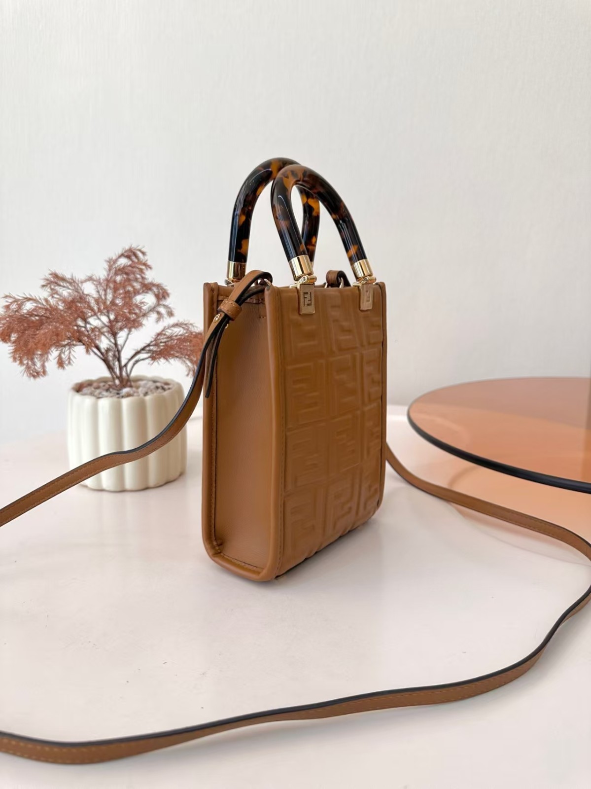Fendi Mini Tote Caramel FF Embossed Leather Shopper Bag