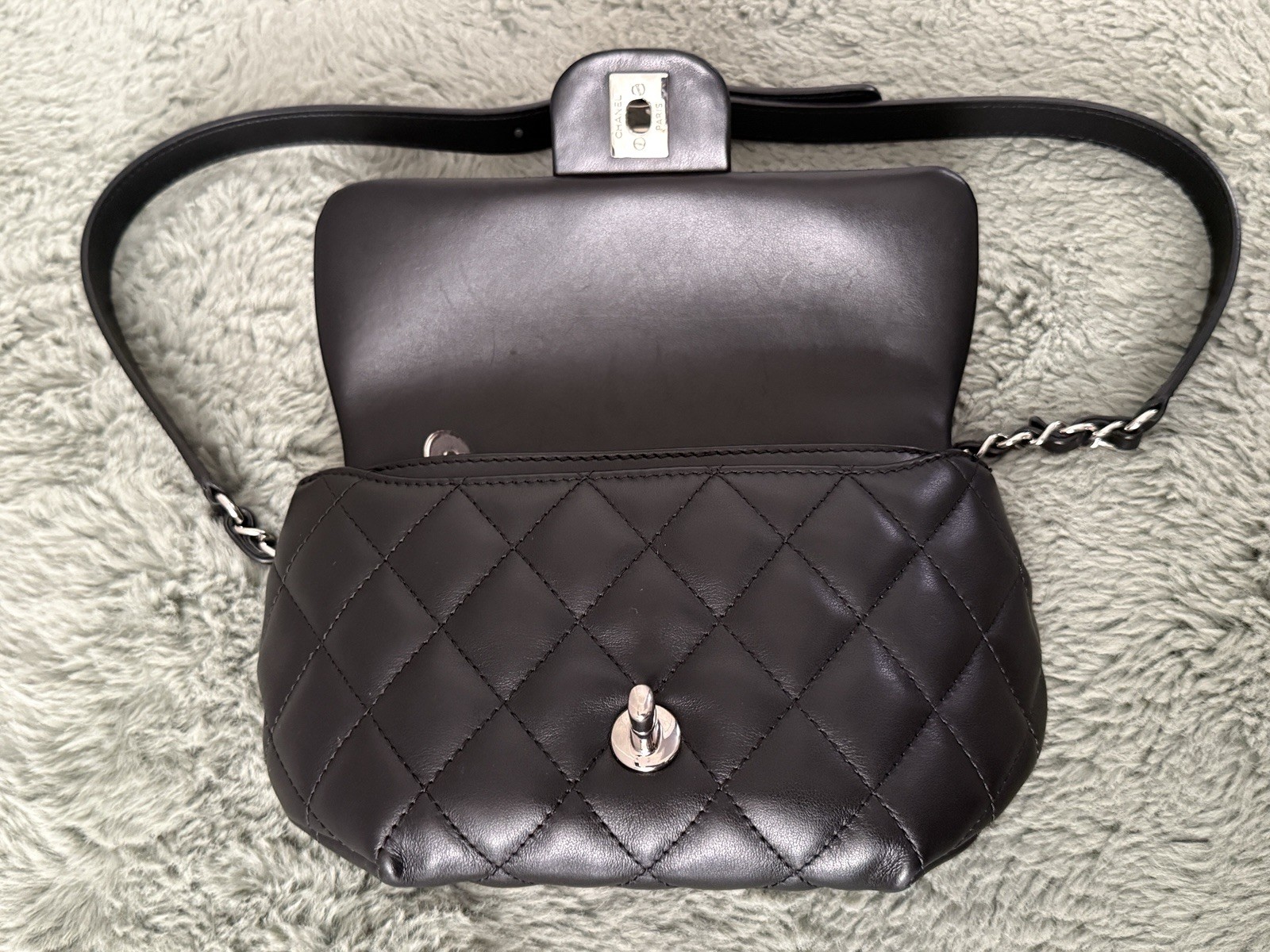 Chanel Belt/Bum Bag Black and Silver Quilted with Chain
