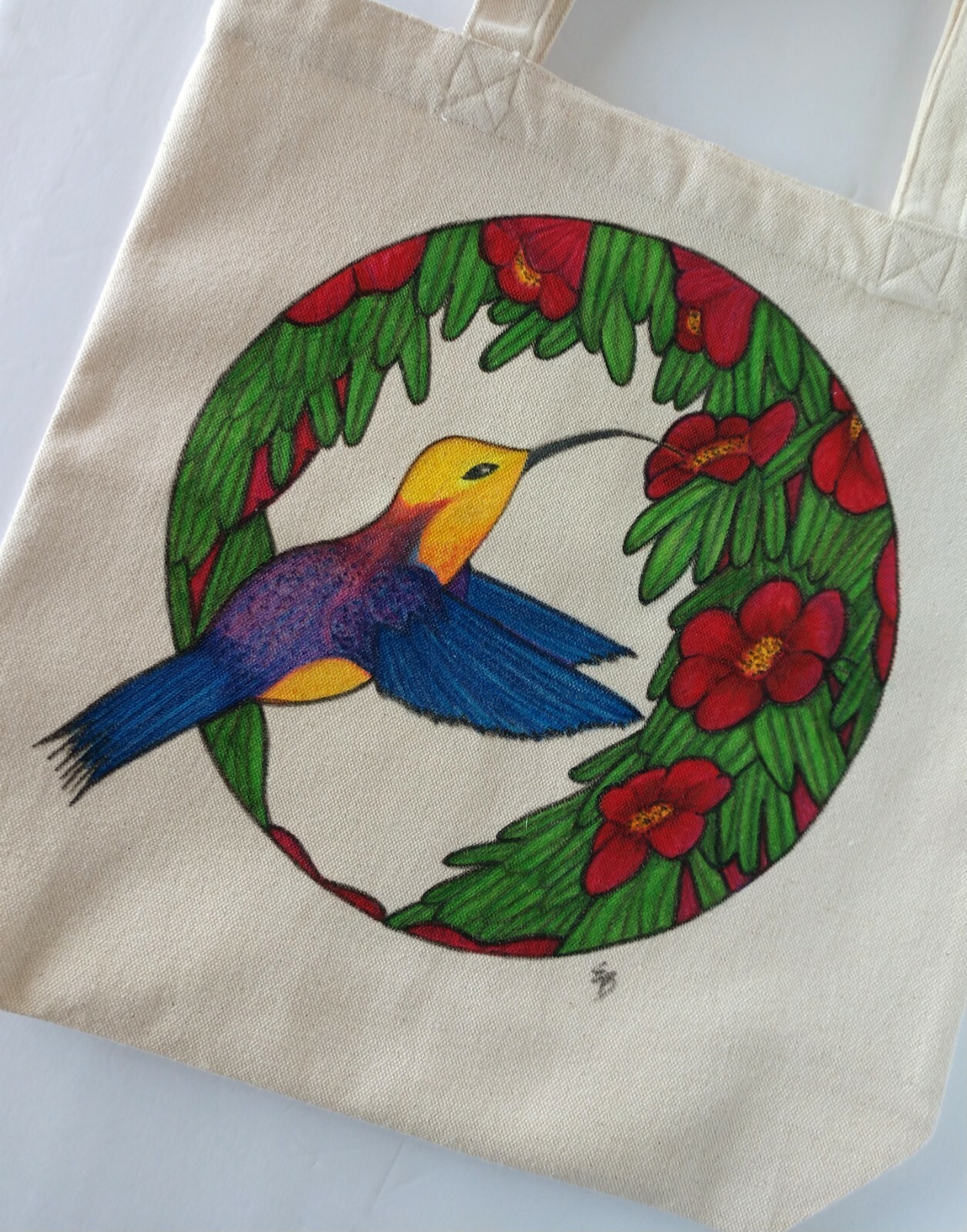 Hummingbird Tote Bag , Market Bag with Bird and Red Flowers 13.5×13.5×3.5 NWT