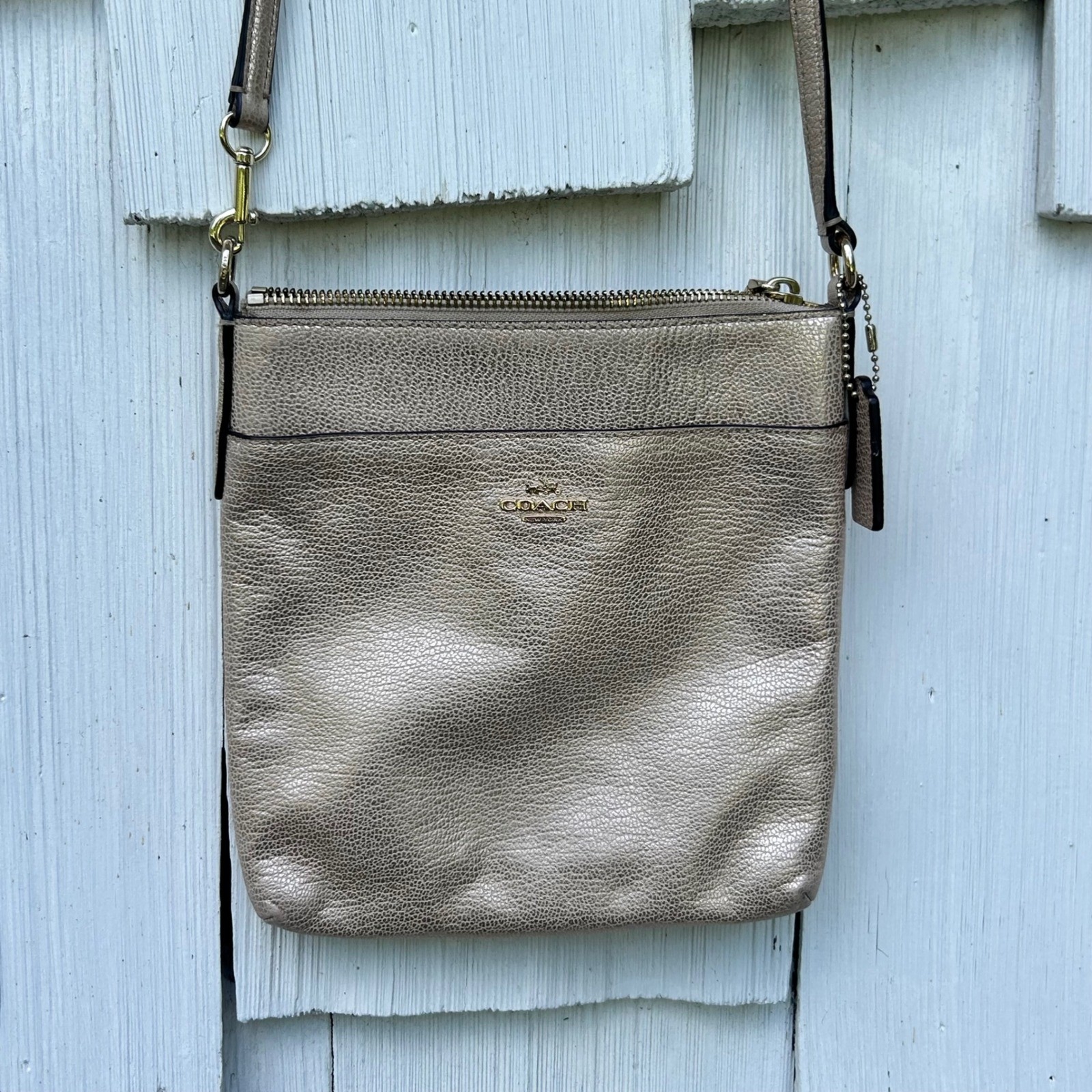Coach North South Messenger Crossbody Bag Metallic Champagne Gold Leather 8.5in