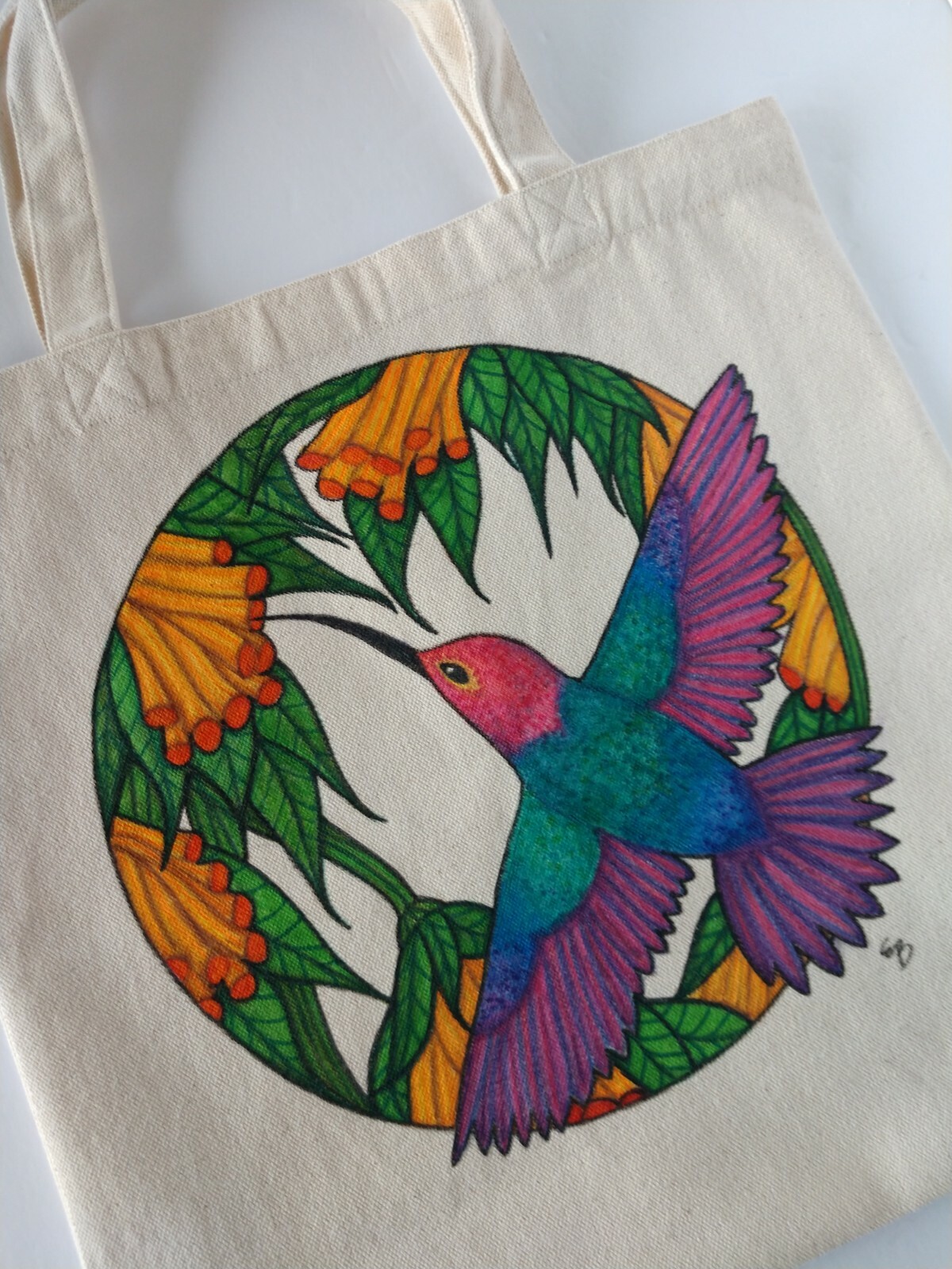 Hummingbird Tote Bag , Colorful Bird And Flowers Reusable Bag 13.5×13.5×3.5 NWT