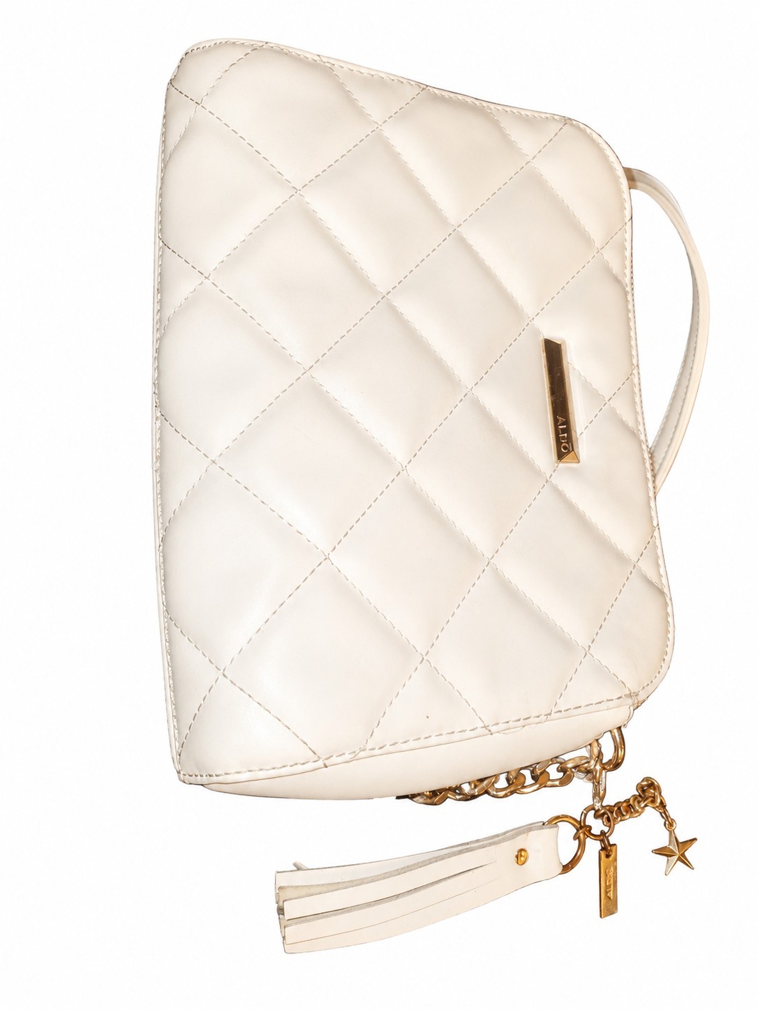 ALDO White Quilted Shoulder Bag Zip Gold Chain Tassel Charm Lined Pockets