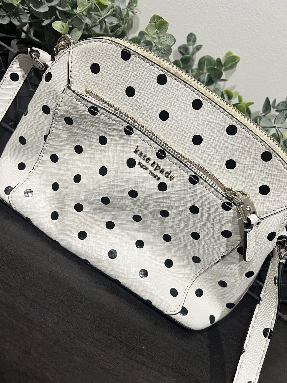 Kate Spade New York White/Black Polka Dot Crossbody Bag Zip w/Detachable Strap