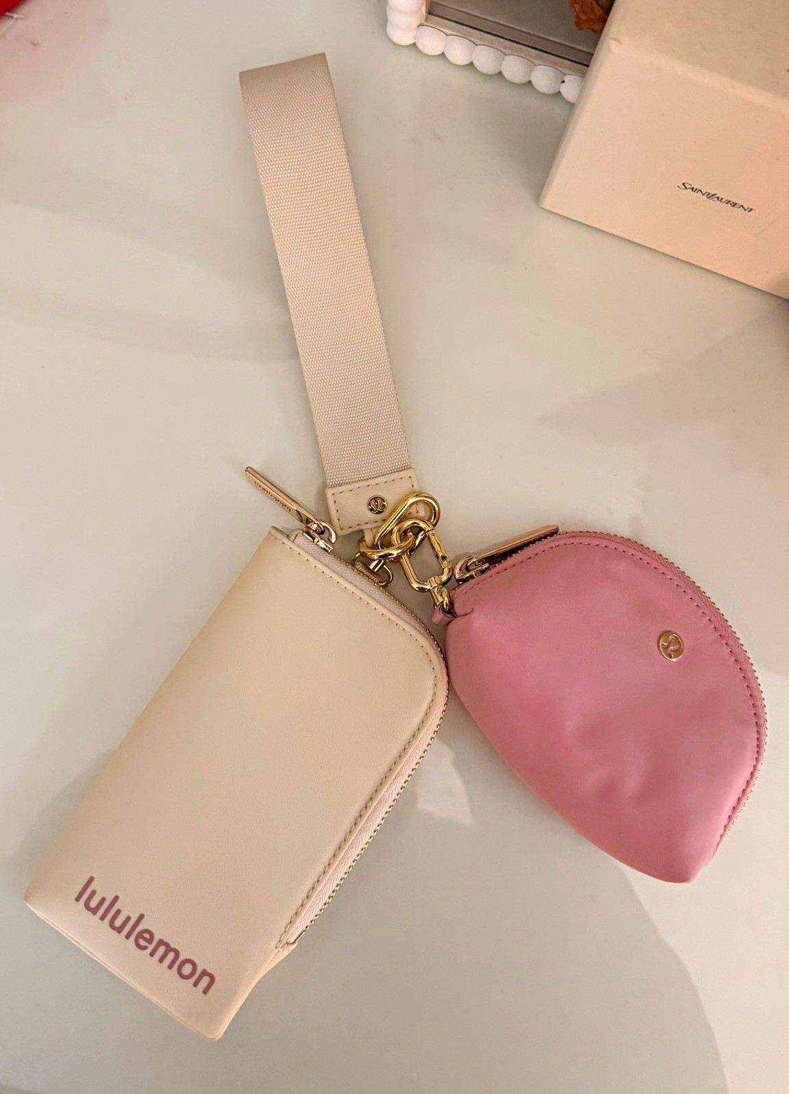 lululemon Pink/White 2-Zip Pouch Wristlet Strap Set Gold Hardware Lightweight