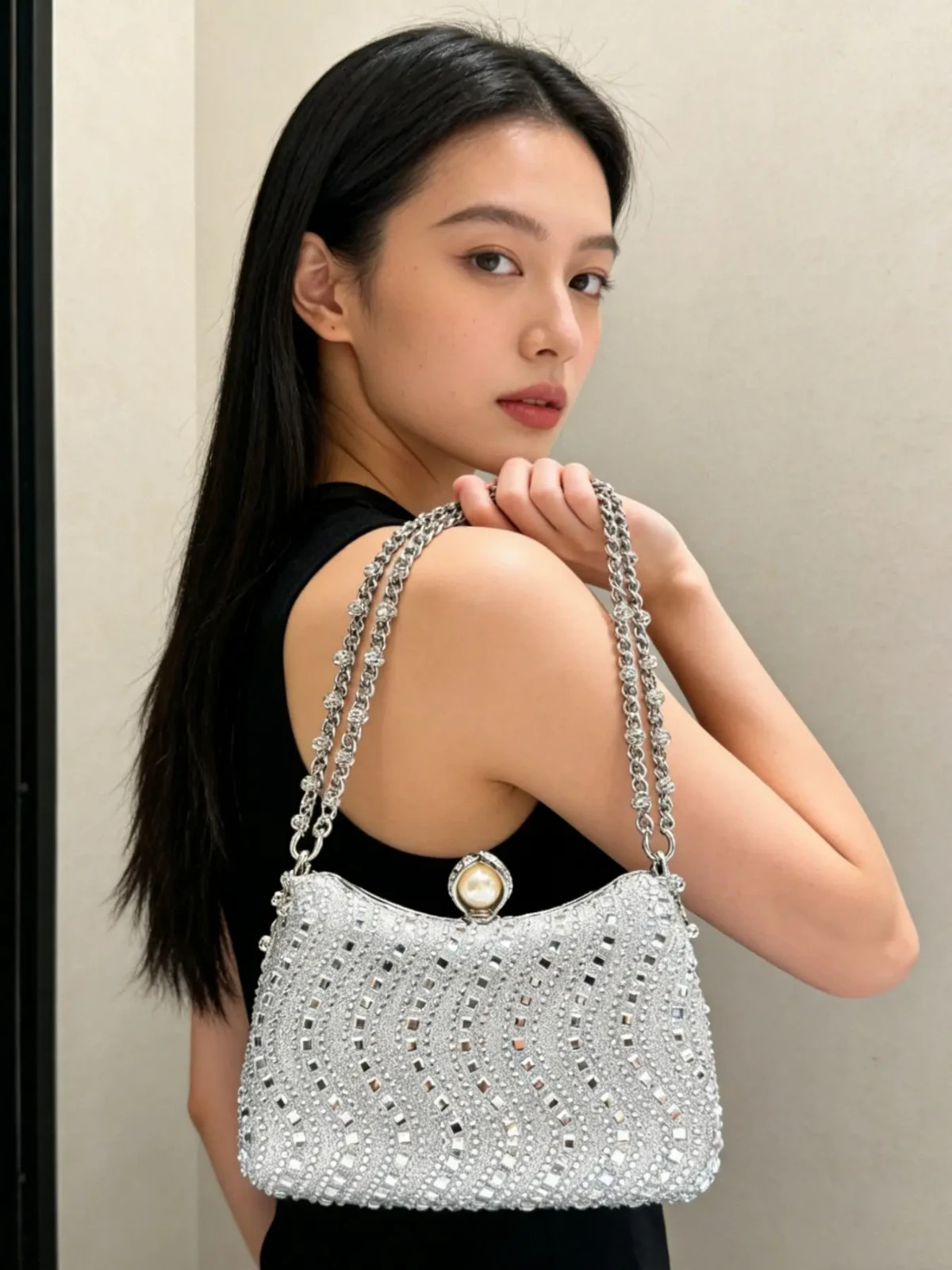 EVENING BAG- Gold Tone Rhinestone Decorated Metal Handle Clutch Purse, Luxury