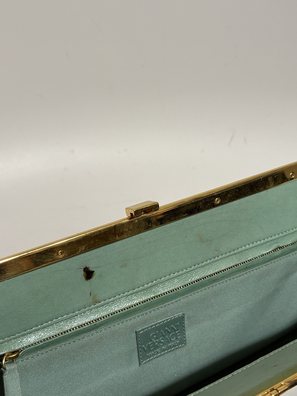 Vtg Gianni Versace Green Lizard Leather Gold Chain Strap Shoulder Bag