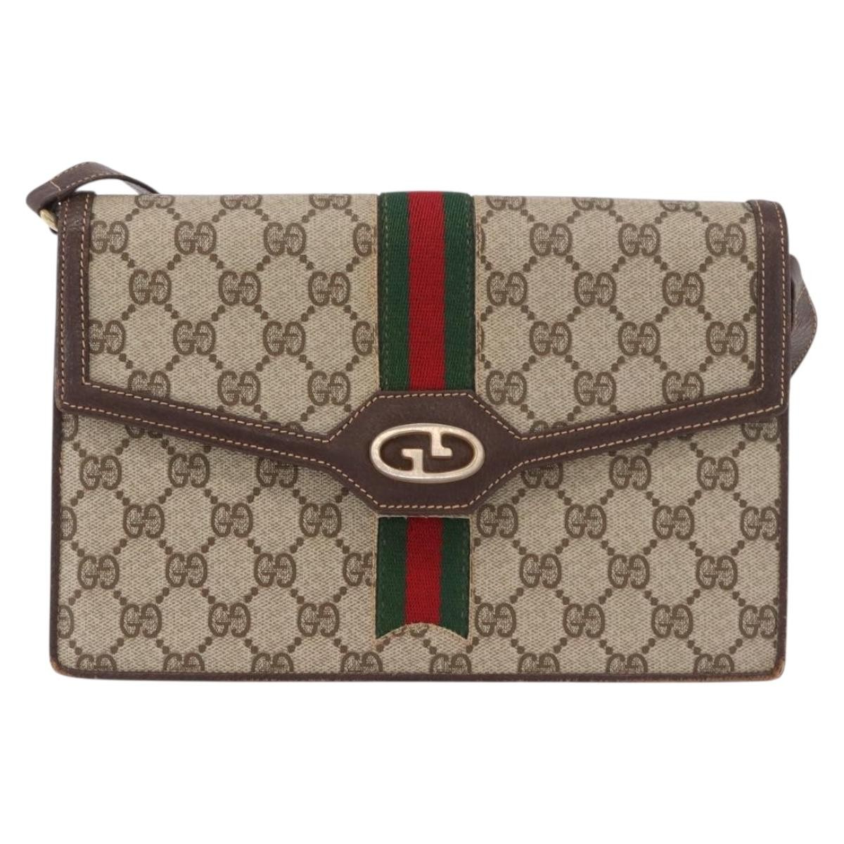 GUCCI GG Supreme Web Sherry Line Shoulder Bag PVC Beige Gold Auth 189927