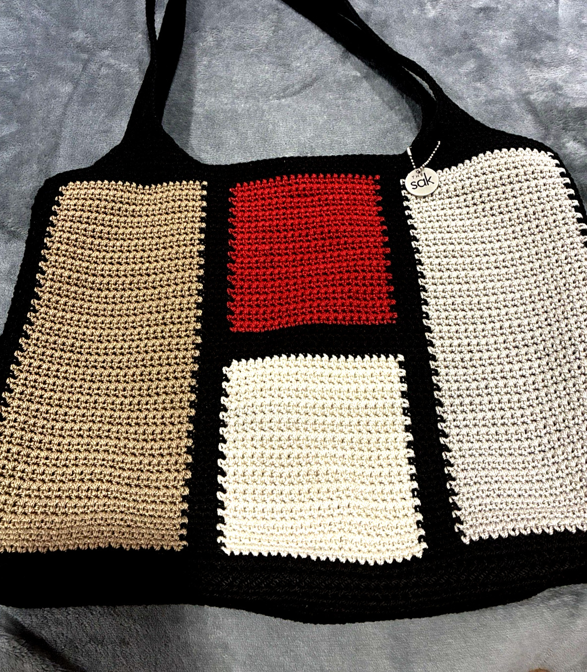 The Sak Colorblock Tote Bag Black Gray Beige Red Cream Lined Pockets Charm