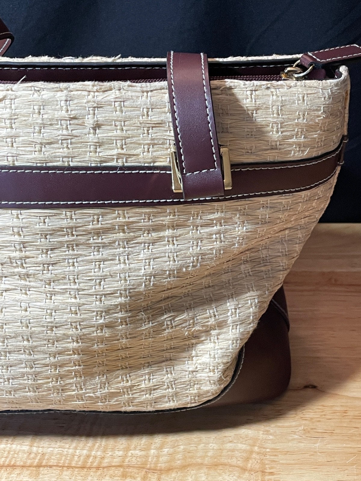 Etienne Aigner Woven Raffia Straw Tote Burgundy Leather Trim Gold Hardware