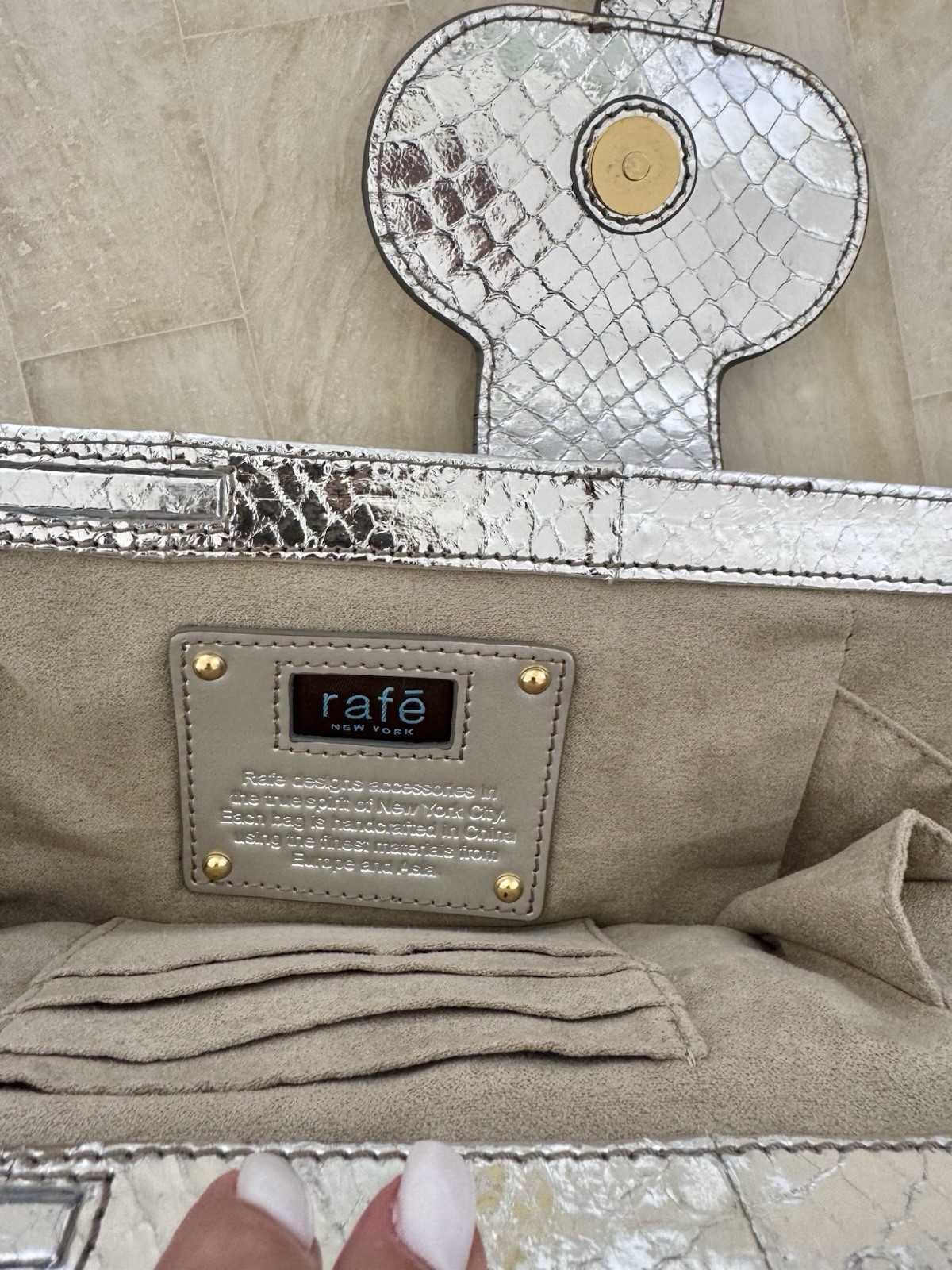 RAFE NEW YORK SHINY SILVER SNAKESKIN-EFFECT CLUTCH WITH POLISHED GOLD-TONE HARDW