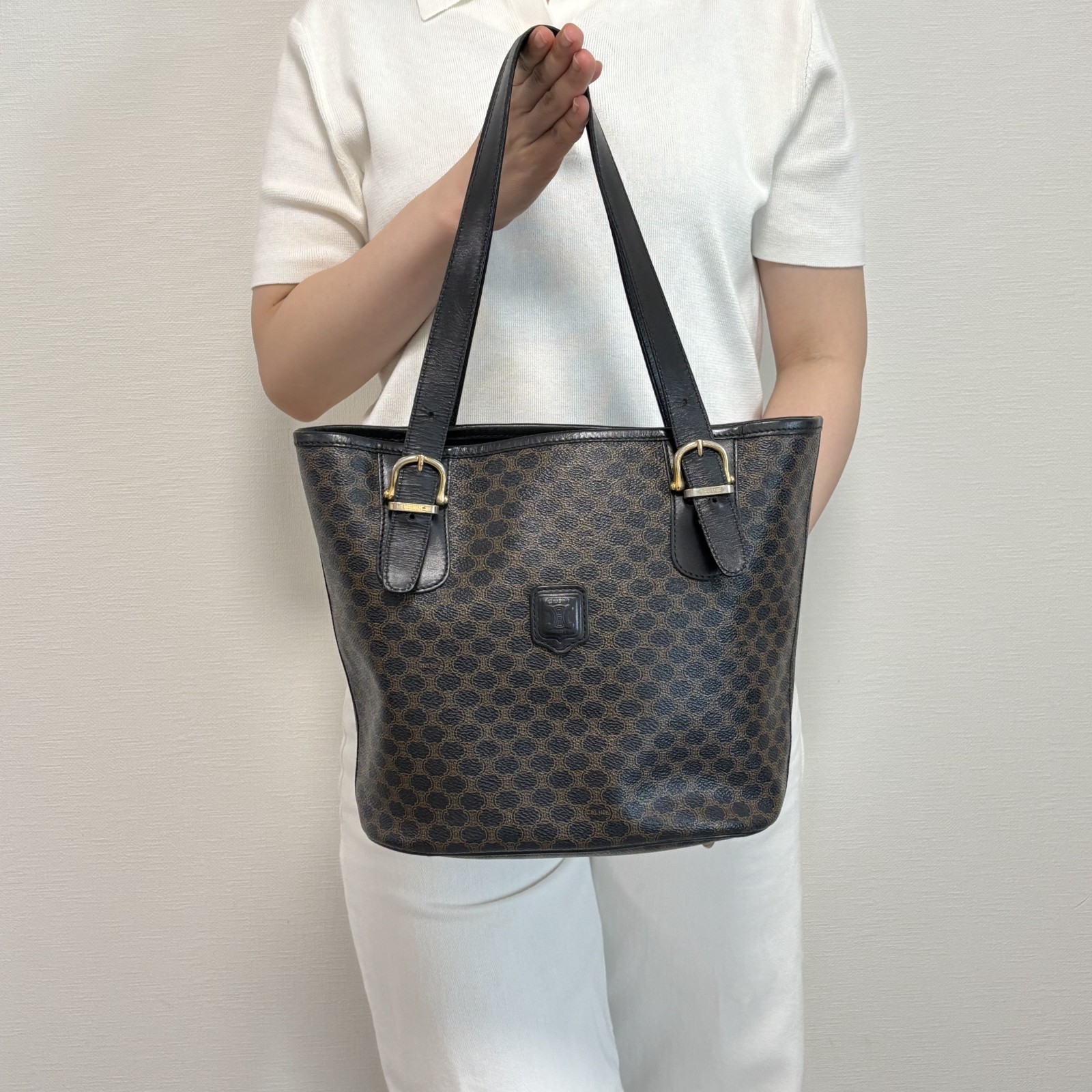 Celine Macadam PVC Leather Tote Bag Brown Black Gold
