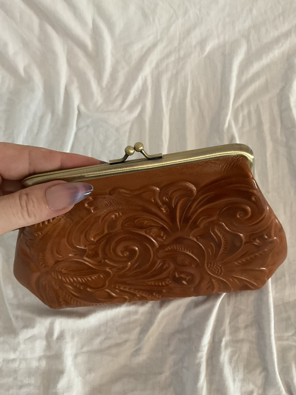 Patricia Nash Savena Antique Gold Kiss Lock Wristlet/Clutch Tooled Leather