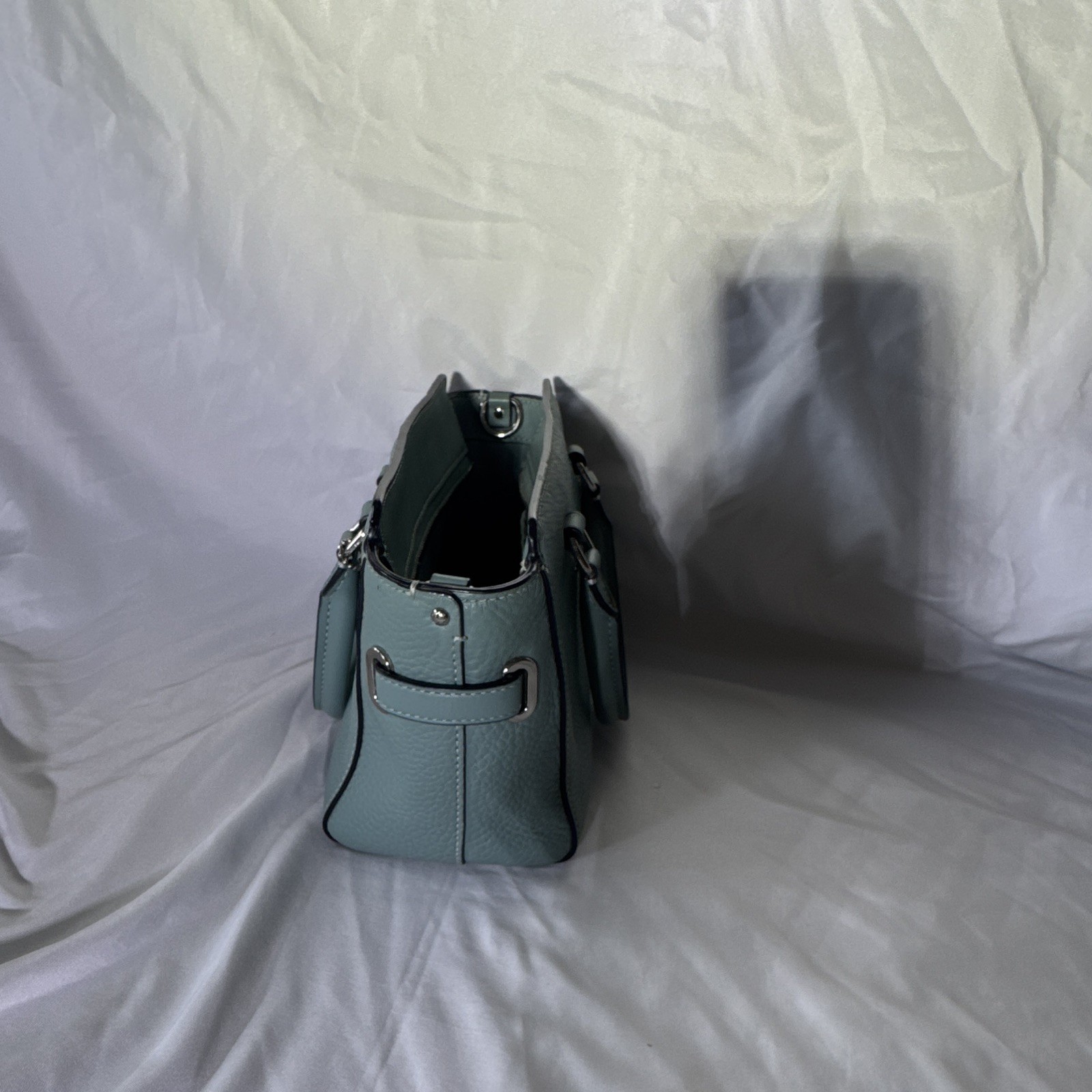 Coach Light Blue Pebbled Leather Satchel, Zip, Silver Hardware, Pockets, Studs