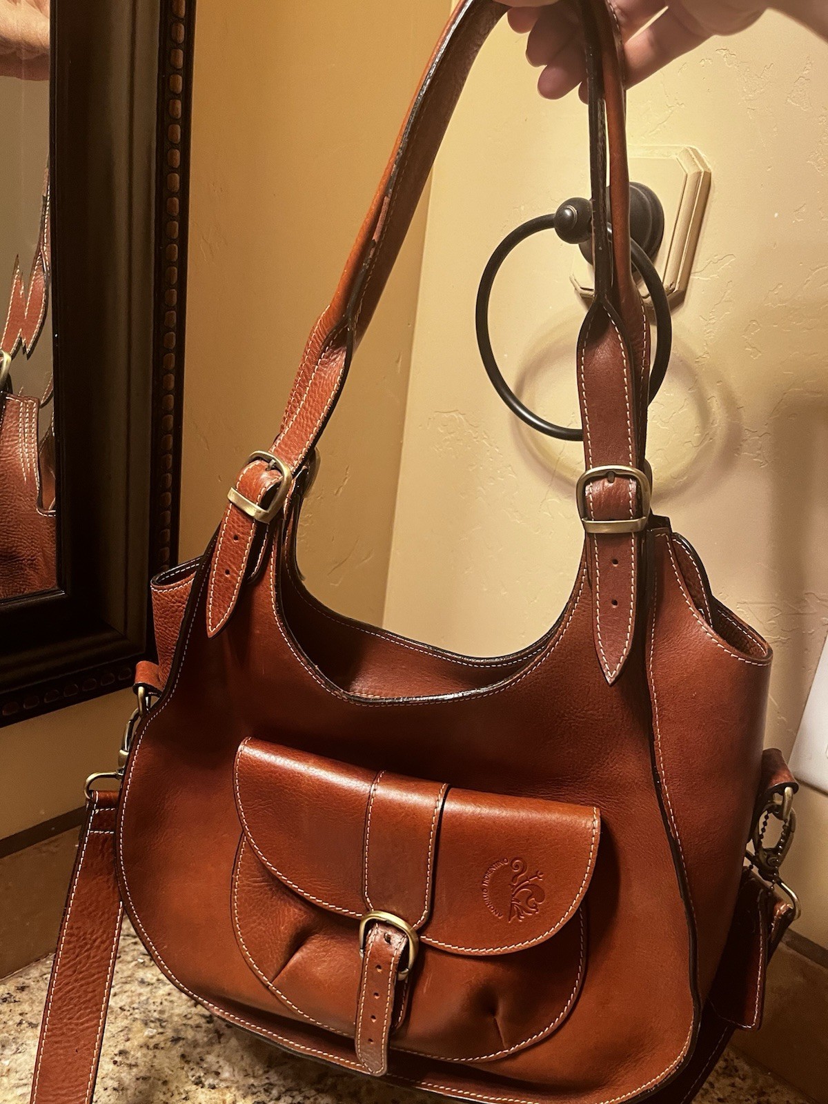 Italian Leather Anonimo Florentino Brown Crescent Shoulder Bag, Detach Strap
