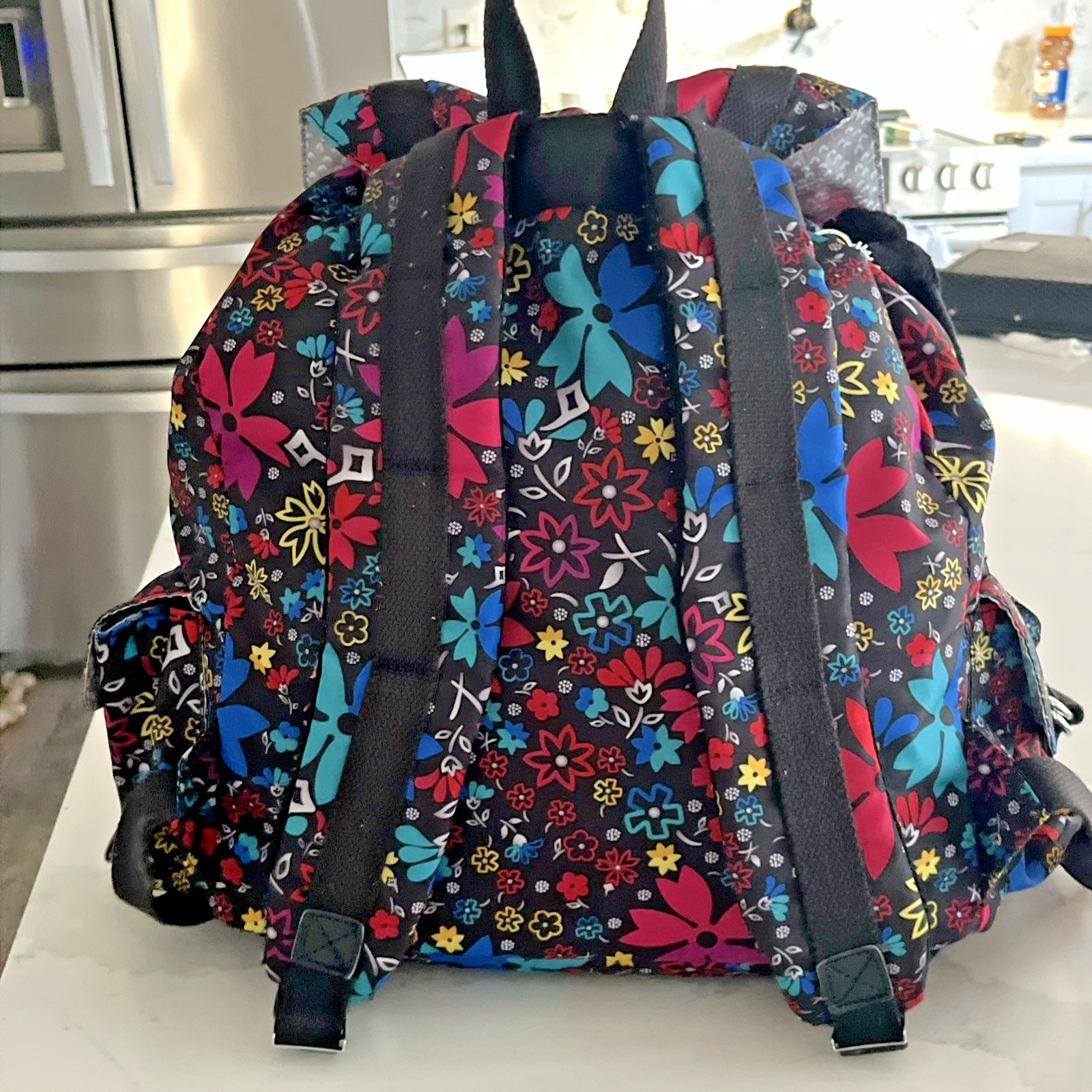 Kipling Backpack Floral Monkey Keyring Pink Blue Red Drawstring Multicolor